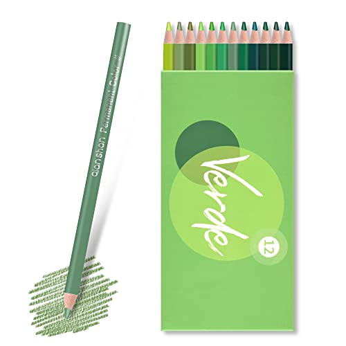 qianshan 12 Green Colored Pencils Oil Based Pre-sharpened Wooden Colored Pencil Set for Adults Coloring Books Drawing Sketching Art Supplies, No Duplicates