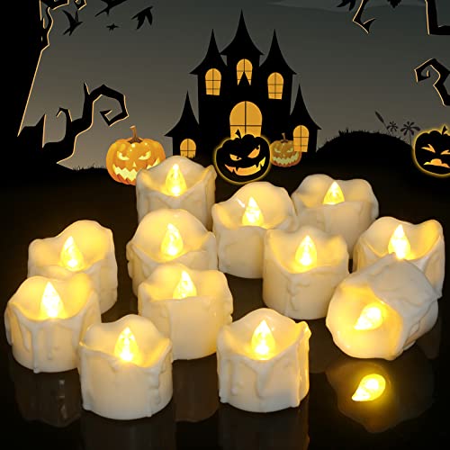 PChero Halloween Tea Lights with Timer, 12 Packs Flickering Flameless LED Tealights Battery Operated Votive Candles for Pumpkin Decor Indoor Home Party Halloween Decorations