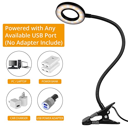 iVict Desk Lamp Clip on Light, 48 LEDs USB Clip Ring Light with 3 Color Modes 10 Dimmable Brightness, Eye Protection Desk Light, 360° Flexible Gooseneck for Desk Headboard Reading