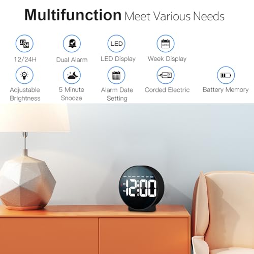 Deeyaple Small Digital Alarm Clock LED Desk Travel Electronic Clock Dual Alarm Snooze Dimmable Day Set 12/24H Week Display 4inch White (No Battery＆Adapter) Stay on for 8 s When Powered by Battery