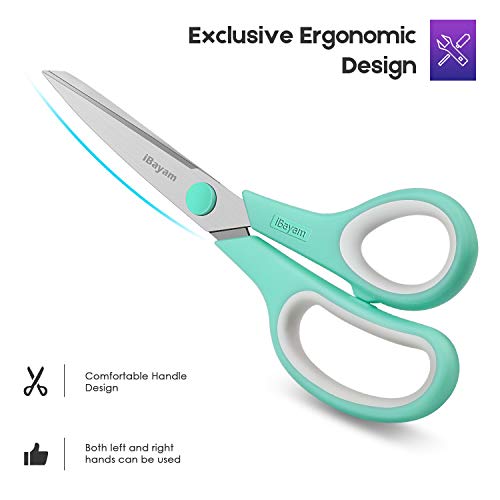 Scissors, iBayam 8" Multipurpose Scissors Bulk 3-Pack, Ultra Sharp Blade Shears, Comfort-Grip Handles, Sturdy Sharp Scissors for Office Home School Sewing Fabric Craft Supplies, Right / Left Handed