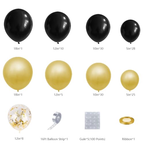 DBKL 138pcs Black and Gold Balloons Garland Arch Kit with Black Gold Confetti Balloons for New Year Decorations Birthday Graduation Baby Shower Party Decorations