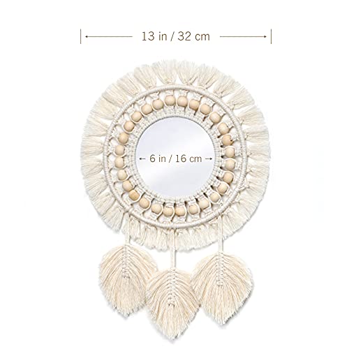 Dremisland Hanging Wall Mirror-Boho Macrame Fringe Round Decorative Mirror with Wood Beads Feather Pendant，Art Ornament for Apartment Home Bedroom Living Room