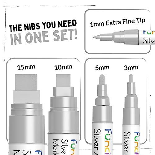 Funcils 5 Acrylic Silver Paint Pen - Silver Marker Metallic Paint Pens for Fabric, Wood, Canvas, Leaf, Metal, Glass - Silver Paint Pen Fine Tip, Thin Point & Jumbo (1mm, 3mm, 6mm, 10mm, 15mm)