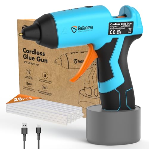 GoGonova Cordless Hot Glue Gun, 15s Fast Preheating with 2Ah Built-in Battery Hot Melt Glue Gun, Smart Power-Off, Kit with 25 Pcs Premium Mini Glue Sticks and USB-C Charging Port