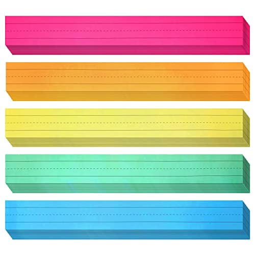 100 Pack Colored Sentence Strips for Teacher Supplies, Classroom, Lined Paper Borders for Writing Words (5 Colors, 3 x 24 in)