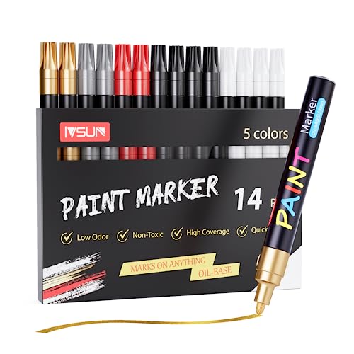 Paint Pens Paint Markers, 14 Pack Permanent Oil Based Markers, Medium Tip, 5 Colors, Never Fade Quick Drying and Waterproof Marker Pen Set for Metal, Wood, Fabric, Tire, Stone, Mugs, Glass, DIY Craft
