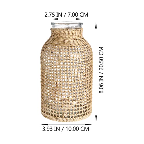 DOITOOL Boho Glass Flower Vase with Rattan Cover, Farmhouse Flower Bud Vase, Round Decorative Flower Vase Floral Container Flower Bottle for Floral Arrangements Housewarming Party Home Decor (L)