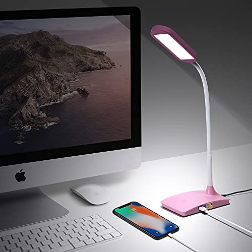 Pink Desk Lamps for Home Office - Super Bright Small Desk Lamp with USB Charging Port, a Perfect LED Desk Light as Study Lamp, Bedside Reading Lights
