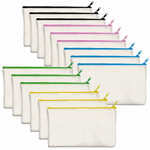 15 Pieces Canvas Colorful Zipper Bags, DIY Craft Bags Travel Canvas Makeup Pouches for Cosmetic Toiletry Stationery Storage (Beige, 8.3” x 4.7”) …