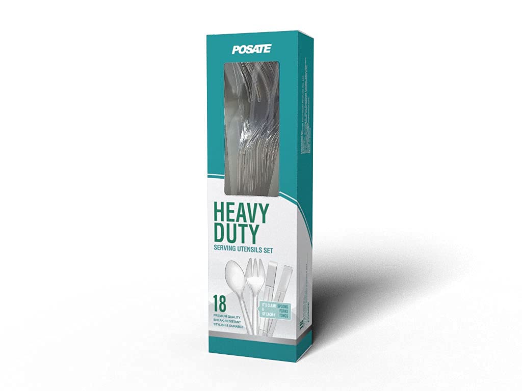 Plastic Serving Utensils, 9" Clear Disposable Utensils 18 Pack, 6 Serving Tongs, Spoons, Forks