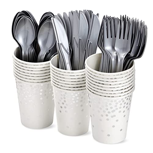 144 Piece Silver Party Supplies for Wedding, Birthday - Silver Table Decorations with Plates, Napkins, Cups, and Cutlery (Serves 24)