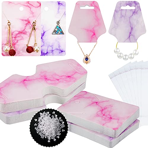 800 Pieces Earring Necklace Card Jewelry Display Earring Holder Cards Set, 200 Pieces Marble Display Card, 200 Pieces Self-Seal Bags, 400 Pieces Earring Backs for Jewelry Display (Purple, Pink)