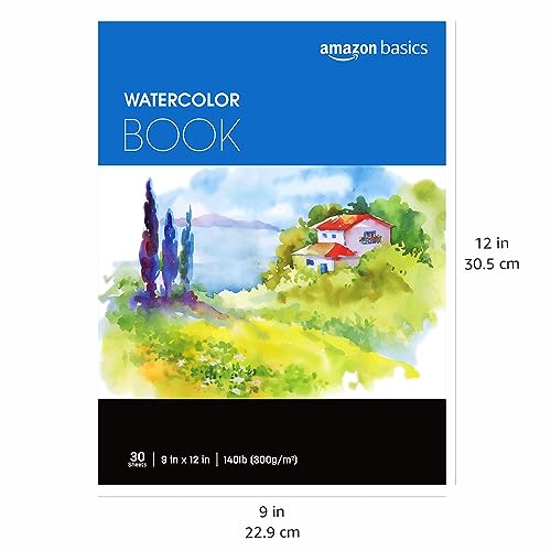 Amazon Basics Watercolor Pad, 9"x12", 140 lb / 300 gsm, 30 Sheets, White
