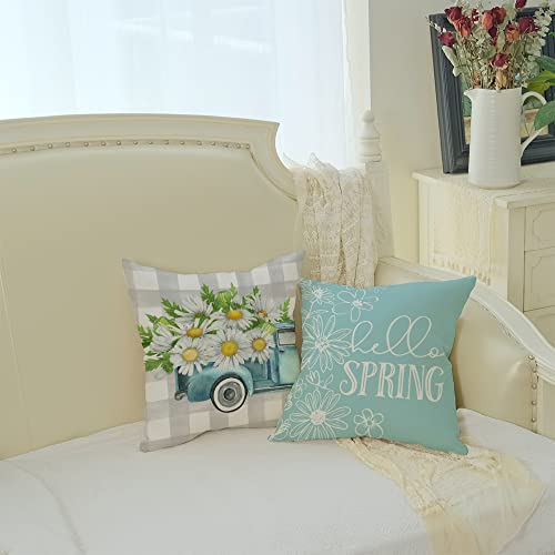 GEEORY Pillow Covers 18x18 Set of 4 Buffalo Plaid Daisy Truck Bloom Hello Sunshine Spring Pillows Decorative Throw Pillows Light Blue Pillowcase Spring Decorations Farmhouse Decor for Couch Sofa