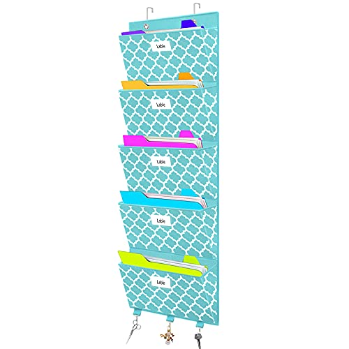 Over The Door File Organizer, Hanging Wall Mounted Storage Holder Pocket Chart for Magazine, Notebooks, Planners, Mails, 5 Extra Large Pockets(Blue withLantern Pattern)