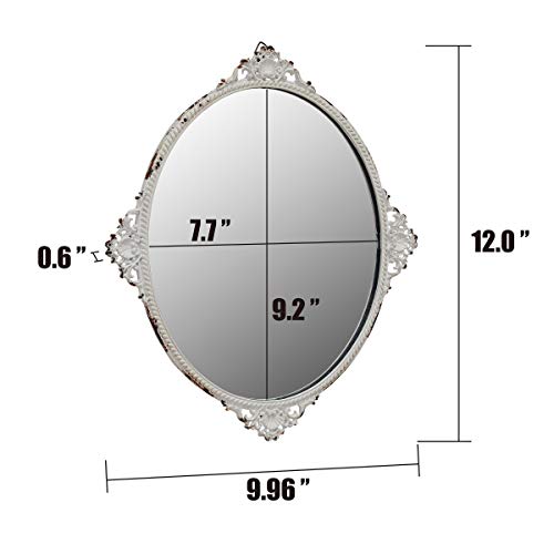 Stonebriar Decorative 11.7" x 10" Oval Antique White Metal Accent Wall Mirror with Attached Hanger, Country Rustic Decor for the Living Room, Bedroom, Bathroom, Hallway, and Entryway