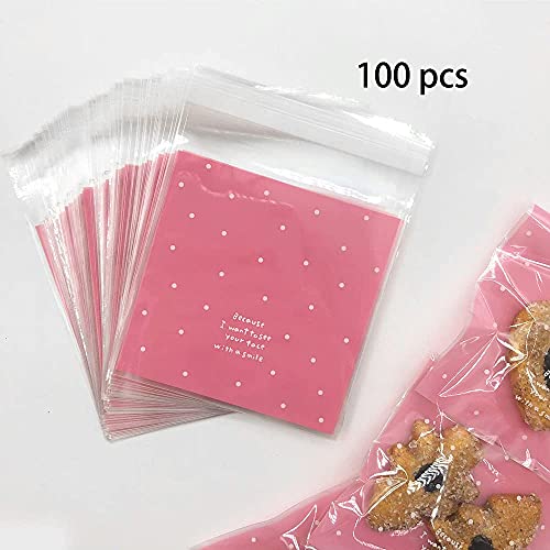 Artboil 100pcs Lovely Small Self Adhesive Treat Bag Cellophane Bag Cookie Bag, Homemade, Party, Wedding Favor Bag, for Bakery, Biscuit, Candy - Pink (3.94" x 3.94")
