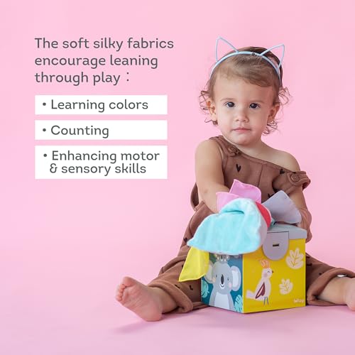 Taf Toys Sensory Crinkle Tissue Box for Toddlers. STEM Montessori Toy with Colorful Soft Scarves and Crinkling Blankies