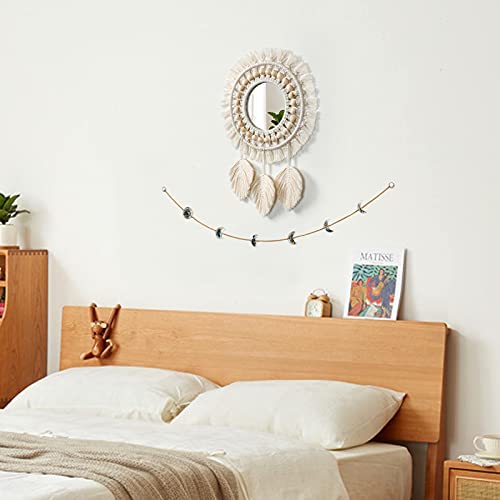 Dremisland Hanging Wall Mirror-Boho Macrame Fringe Round Decorative Mirror with Wood Beads Feather Pendant，Art Ornament for Apartment Home Bedroom Living Room