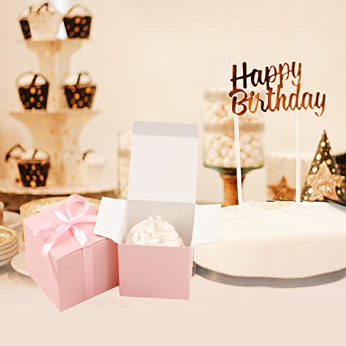 COTOPHER 100pcs Wedding Favor Boxes, Paper Gift Boxes 3x3x3 Inches Small Gift Boxes with Ribbons Small Boxes for Gifts, Crafting, Cupcake, Candy, Bridesmaid Proposal Boxes，Easy Assemble Boxes (Pink, 100)