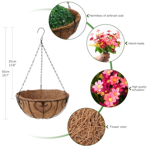 Homsunny Artificial Hanging Flowers Basket,Fake Daisy Flowers,4 Branches Artificial Hanging Plants in 12 Inch Basket for Outdoor Garden Yard Pouch Patio Indoor Home Decoration (Pink)