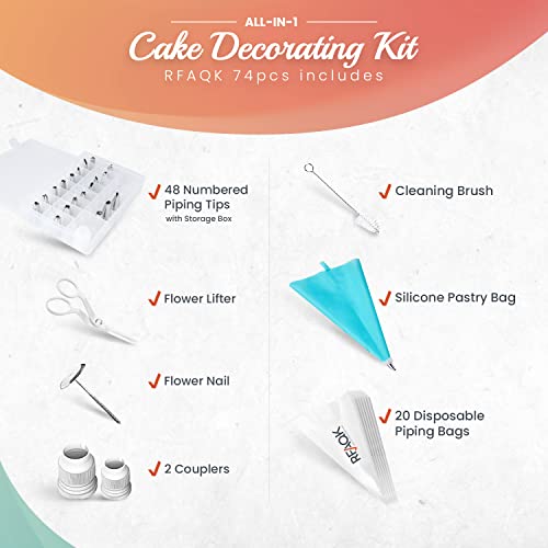 RFAQK 74 PCs Icing Piping Bags and Tips Set, Cake Decorating Kit with 48-Numbered Piping Tips, 20+1 Pastry Bags for Cookie Cupcake Cake Decoration, Cake Decorating Tips Set with Booklet and E-book