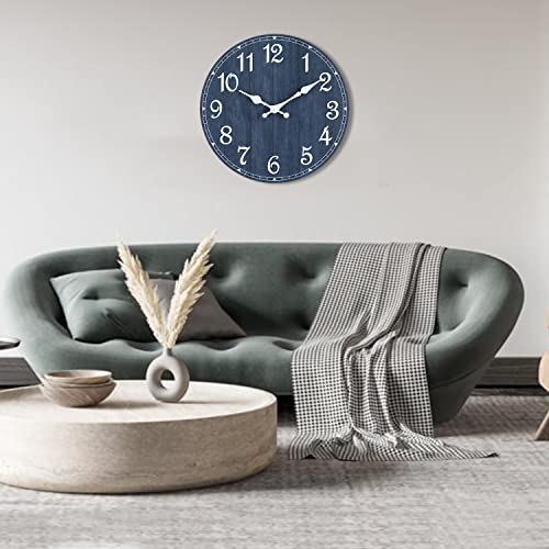 HYLANDA Wall Clock, 10 Inch Wall Clocks Battery Operated Silent Non Ticking, Round Wooden Rustic Clocks Decor for Kitchen, Bathroom, Living Room, Home, Bedrooms, Office (Navy Blue)
