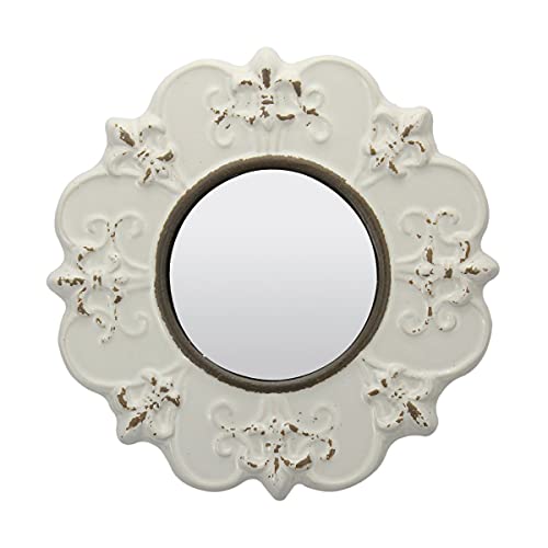Stonebriar 8" Round Off White Ceramic Accent Wall Mirror with Attached Hanging Loop, Decorative Vintage Decor for the Living Room, Bedroom, Hallway, and Entryway
