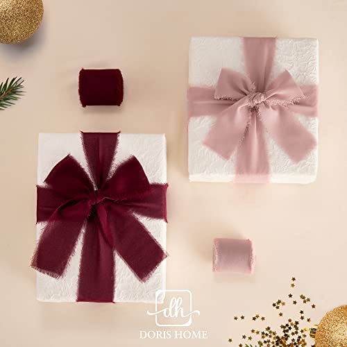 DORIS HOME 3 Rolls 2"x7Yd Fringe Chiffon Ribbon for Flower Bouquet, Handmade Burgundy Ribbon for Gift Wrapping, Frayed Edge Ribbon for Crafts, Decorating, Bouquet Wrap, Wedding Invitation
