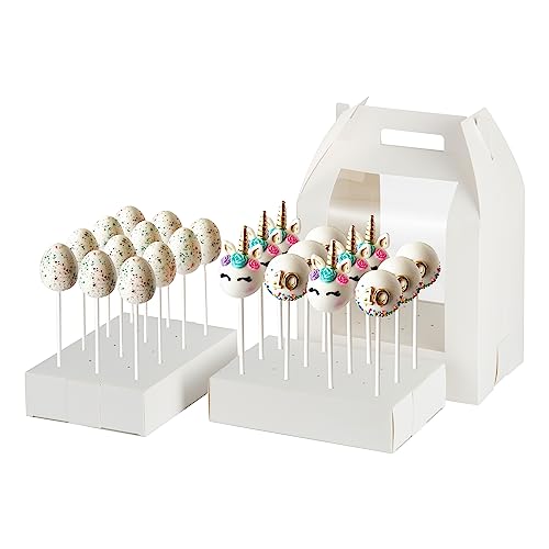 Hzzycaxli Cake Pop Boxes Packaging, 4 pcs Portable Cake Pop Holder Boxes with 18 Holes Lollipop Display Stand (White)