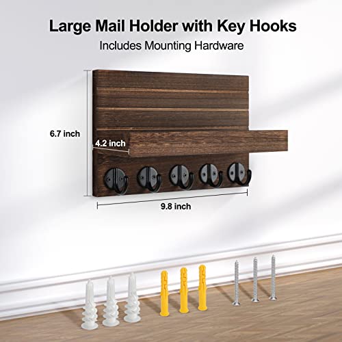Lwenki Key Holder for Wall, Decorative Key and Mail Holder with Shelf Has Large Key Hooks for Bags, Coats – Paulownia Wood Key Hanger with Mounting Hardware (9.8”W x 6.7”H x 4.2”D) (Brown)