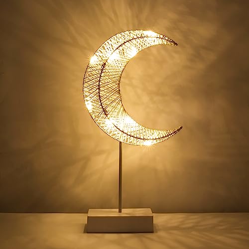 Lewondr Decorative Table Lamp, Battery Powered Christmas Moon Shape Ramadan Desk Lamp, Winding Thread Warm LED Crescent Light Xmas Home Bedroom Romantic Bedside Desktop Nightstand Decoration - White