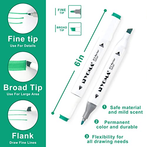 Y YOMA 60 Colors Alcohol Markers Dual Tip Markers Art Markers Set, Unique Colors (1 Marker Case) Alcohol-based Ink, Fine & Chisel, White Penholder