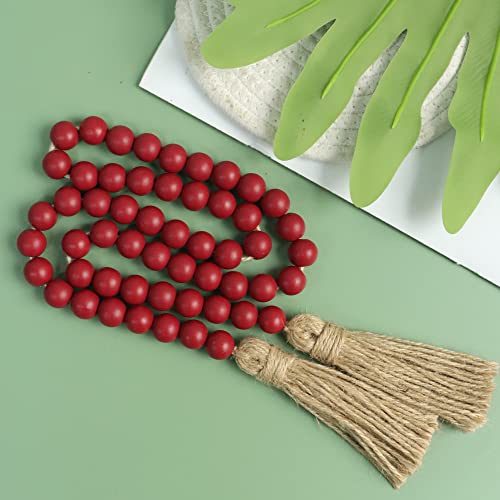 Meplait 39in Wood Bead Garland Farmhouse with Tassels,Versatile Prayer Beads Boho Chic Wall Hanging Home Decor (Burgundy)