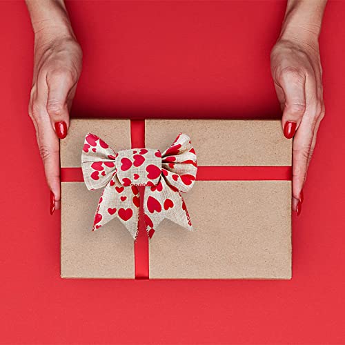 Red Heart Printed Valentine's Day Burlap Ribbon Wired Edge Ribbon- 2.5" x 5.5 Yards