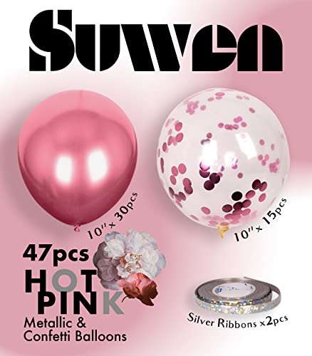 SUWEN Metallic Hot Pink Balloons and Confetti Balloons Set 47PCS Latex Helium Chrome Magenta Balloon for Birthday Graduation Anniversary Party Decorations