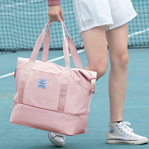 Large Travel Tote Bag, Waterproof Expandable Duffel Gym Tote Bag,Weekender Carry On Overnight Bags for Women with Trolley Sleeve Wet Pocket,travel duffel bags,Pink