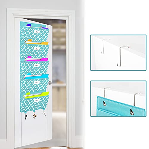 Over The Door File Organizer, Hanging Wall Mounted Storage Holder Pocket Chart for Magazine, Notebooks, Planners, Mails, 5 Extra Large Pockets(Blue withLantern Pattern)