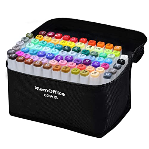 MemOffice 80 Colors Dual Tip Artist Alcohol Markers Set with Carrying Case - Perfect for Coloring, Drawing, Sketching, Card Making and Illustration - Perfect for Adults and Kids