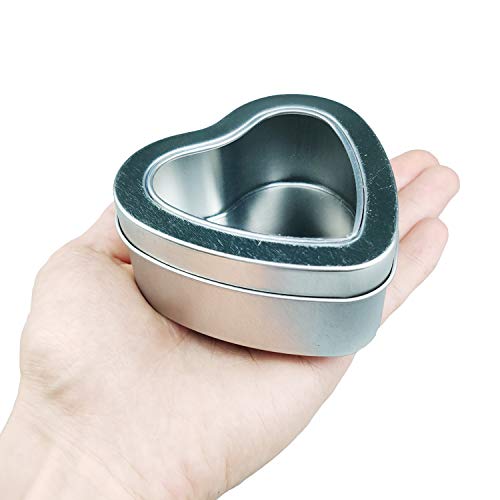 12 Pieces Heart Shaped Empty Metal Tin Cans with Clear Window Lids for Candle Making, Candies, Gifts & Treasures, Mixed Sizes