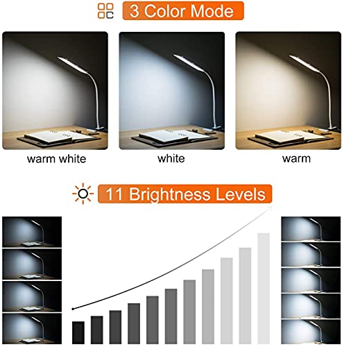 Vansuny Clip on Light LED Desk Lamp with Eye-Caring LED Light and Metal Clip, 11 Level Brightness 3 Color Modes, Power by USB Port 5W Flexible Gooseneck Reading Light for Home and Office (5W, White)
