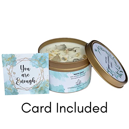 White Sage Smudge Candle with Citrine and Quartz Gemstone Crystals 100% Natural Soy Wax Scented with Essential and Fragrance Oils (White Sage)