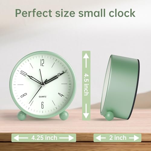 Analog Alarm Clock, 4 inch Super Silent Non Ticking Small Clock with Night Light, Battery Operated, Simple Design, Old Fashioned Style Sage Decor, for Bedroom, Bedside, Desk, Adult, Kid, Gift, Green