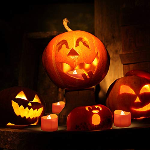 Homemory Halloween 24 Pack Orange Tea Light Candles, Battery Operated LED Tealights, Small Pumpkins Lights, Flameless, Electric Fake Tea Candles