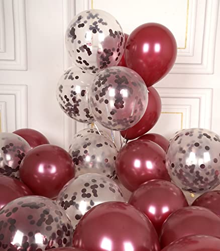 AULE Party Balloons Pack of 42 - Metallic Burgundy Balloons and Confetti Latex Helium Balloons With 64ft Ribbons - 12 Inch Mroon Chrome Balloon Decoration Set