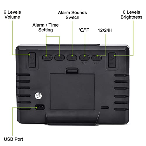 Amgico Digital Alarm Clock with Snooze, Small Clock/Table Clock, 6.3" LED Digital Calendar, 12/24H, Adjustable Brightness/Volume, Desk Clock for Bedroom, Living Room, Office - Black