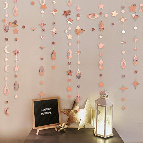 Rose Gold Eid Mubarak Ramadan Decorations Hanging Star Moon Circle Dot Crescent Lamp Garland Streamer Backdrop Banner Decorations for Home Happy Ramadan Islam Muslim Wedding Birthday Party