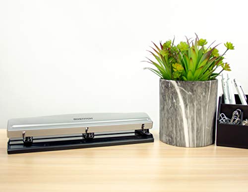 Bostitch Office Premium 3 Hole Punch, 12 Sheet Capacity, Metal, Rubber Base, Easy-Clean Tray, Silver