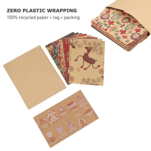 SmoTecQ Christmas Gift Wrapping Paper, Made from Recycled Kraft Paper, 10 Pack 70X50CM Folded Sheets with 10 Gift Tags